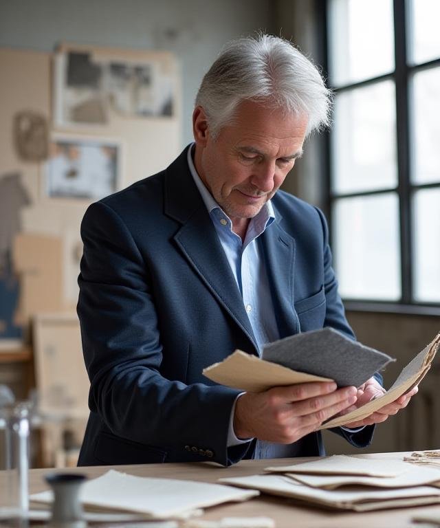 Creative Director in a modern studio environment reflecting on textile samples