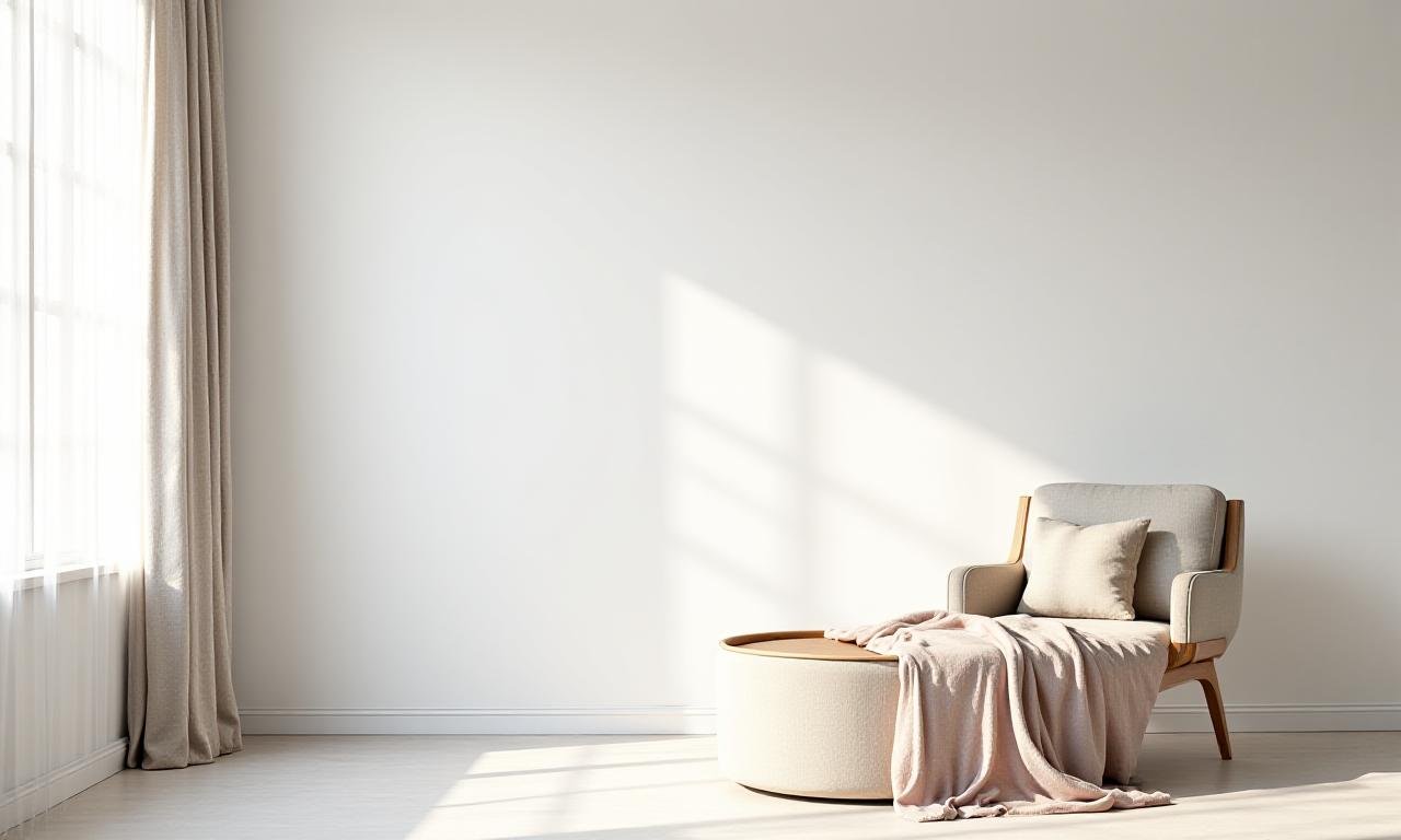 Minimalist peaceful studio setting with soft fabrics and warm sunlight