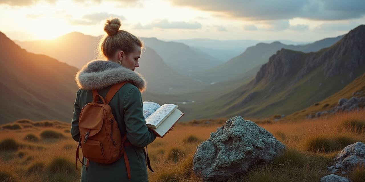 A designer walking through a Scottish highlands landscape, focusing on natural textures