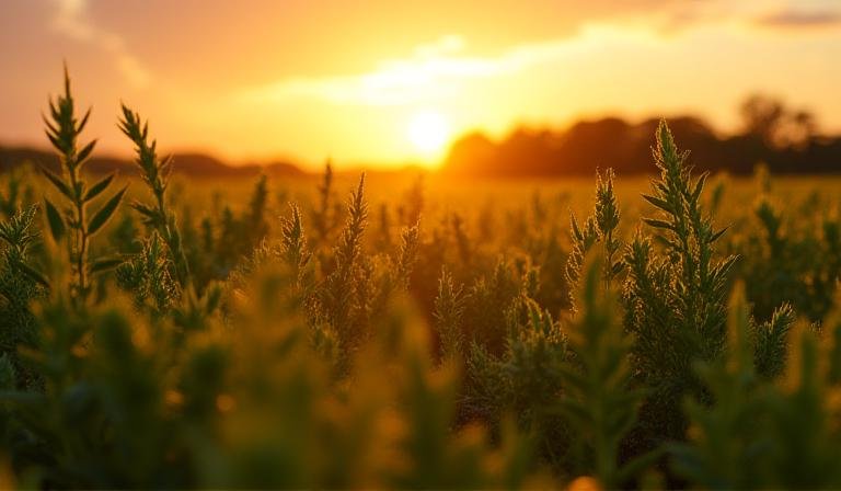 Wide landscape of a regenerative textile farm with lush mixed crops and healthy soil
