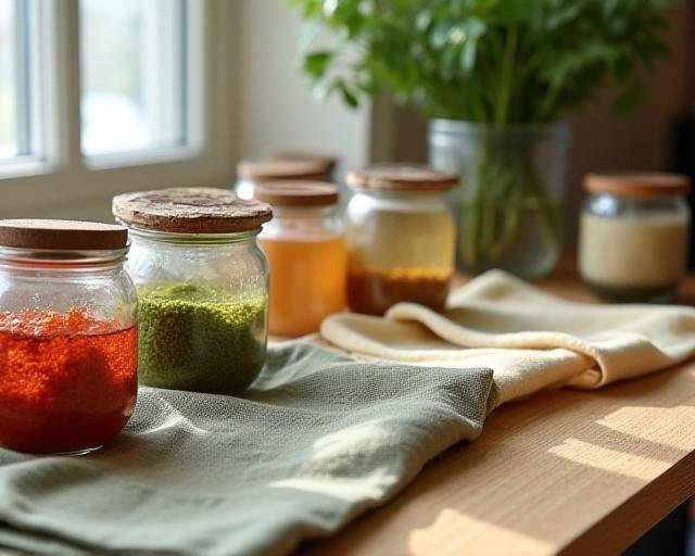 Sustainable textile samples and eco-friendly dyes in a professional design studio