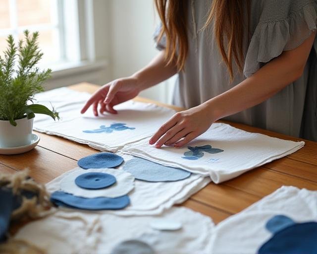 Professional textile designer reviewing fabric swatches in a bright studio